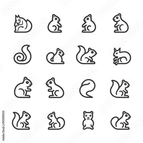 Set of 12 Line Icons of Squirrels in Different Poses
