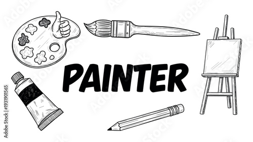 Hand-drawn set of painter's tools including a palette, brush, easel, paint tube, and pencil in a black and white sketch style illustration with bold typography