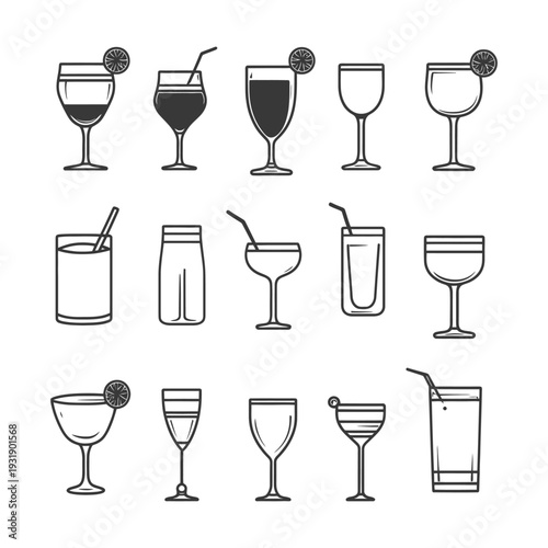 Set of 12 Outline Cocktail Glasses with and without Straws