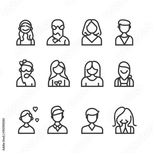 Set of 12 Line Icons Representing People in Love