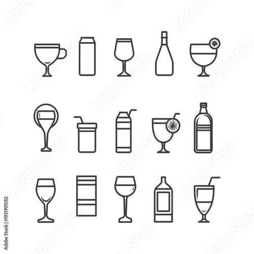 Set of 12 Line Icons for Drinks and Beverages