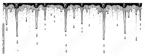 Hand drawn woodcut style illustration of liquid dripping from a horizontal border