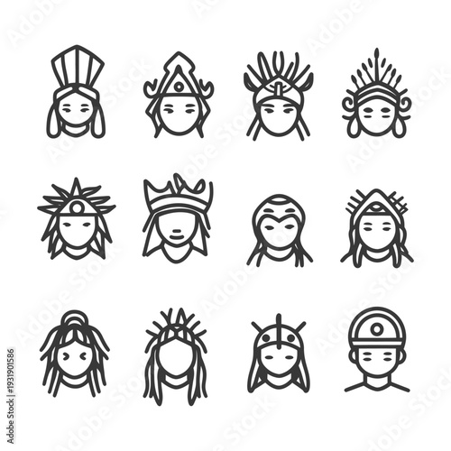Set of 12 Line Icons of People Wearing Different Headwear