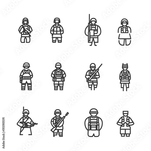 Set of 12 Military Soldiers Line Icons