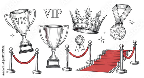Hand-drawn collection of VIP award icons featuring a trophy cup, royal crown, medal, and red carpet in a detailed sketch style representing success, victory, and exclusivity