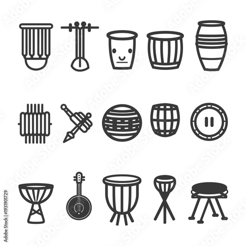 Set of 15 different musical percussion instruments