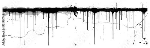 Vintage hand drawn engraving of black paint or ink dripping down from a cracked horizontal edge