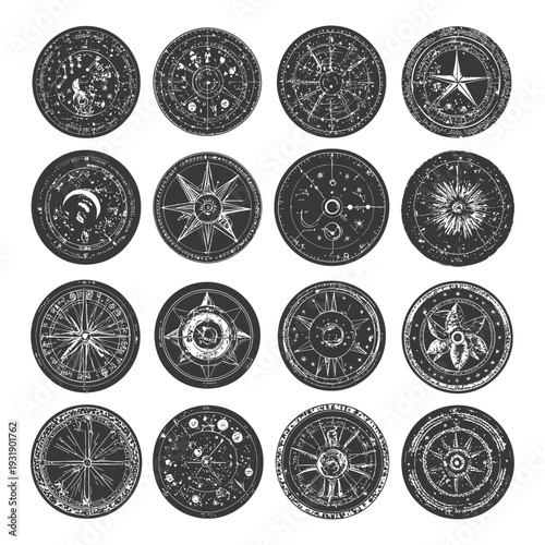 Set of 12 Vintage Hand-Drawn Celestial Compass Designs