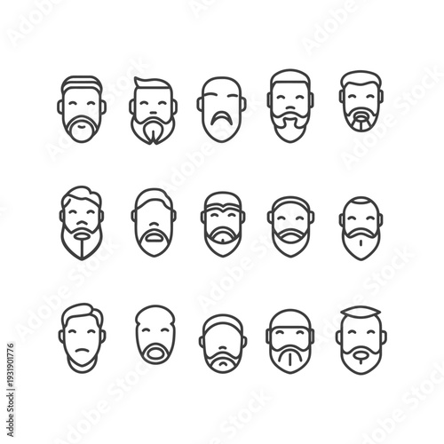 Set of 15 Line Icons Representing Different Men's Faces with Various Hairstyles and Facial Hair