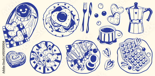 Set of cozy breakfast dishes in hand drawn style with fried egg, waffles, pancakes, croissant, berries, tea, coffee and sweet desserts. Cute morning food illustration, elegant outline style
