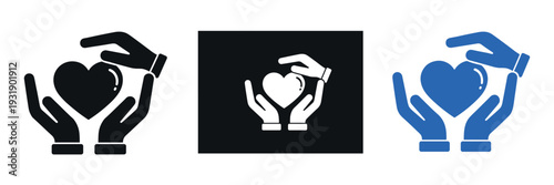 Set of three heart in hands icons in a flat glyph style representing charity, donation, and healthcare support, presented in black, white, and blue color variations