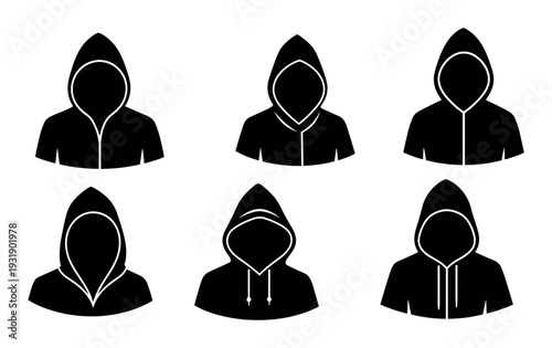 Six black anonymous hooded figure icons set with different hoodie designs representing mystery, crime, and hacking in a simple graphic silhouette style