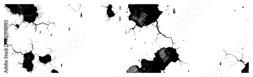 Horizontal banner design featuring hand drawn cracked textures and dark ink blotches