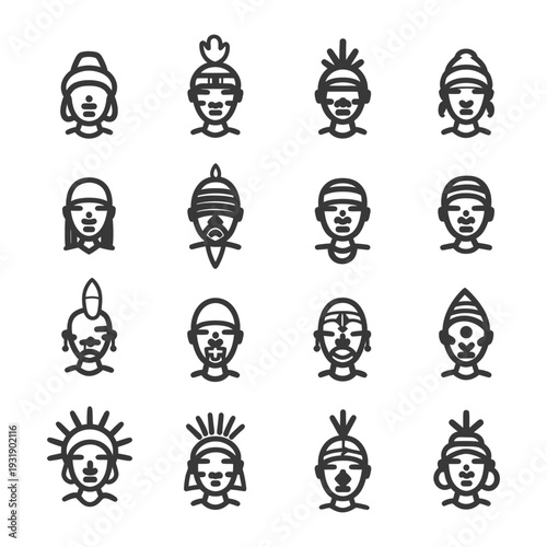 Set of 16 Black and White Line Art Portraits of Native American People