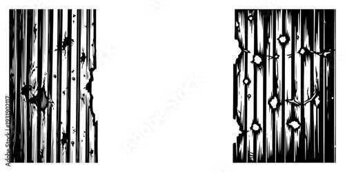 Vintage hand drawn engraving of damaged and rusty corrugated metal sheets with bullet holes
