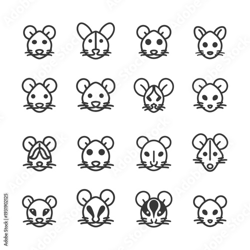 Set of 16 Black and White Mouse Head Line Icons