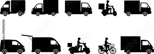 Black silhouette collection of delivery vehicles including small cargo trucks vans motorbikes and a bicycle courier isolated on white background for last mile logistics