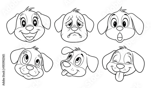 Set of six cartoon dog heads showing a range of emotions from happy and sad to surprised and playful, drawn in a clean black and white line art illustration style