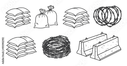 Set of hand-drawn military barrier illustrations including stacked sandbags, barbed wire coils, and concrete blocks for fortification and defense in a simple line art doodle style