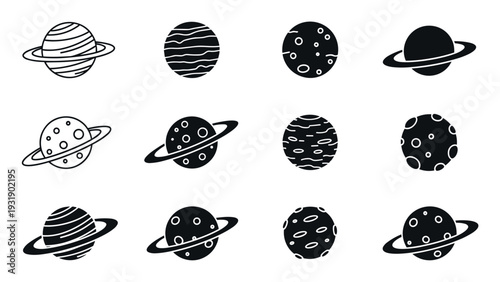 Set of twelve black planet icons in a minimalist doodle style, a collection of celestial bodies with rings, craters, and stripes for an astronomy or science theme
