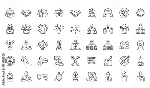 Canvas Print Linear team, co-workers and cooperation business vector icon collection