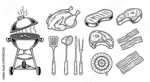 Collection of vintage barbecue illustrations featuring a grill, roasted chicken, beef steaks, bacon, sausage, and various cooking tools in a detailed line art style