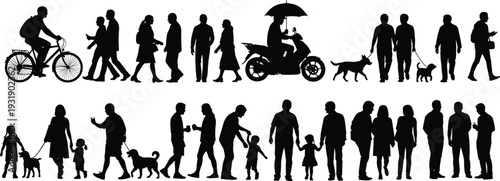 Black silhouettes of people walking and riding bicycles and scooters on white background
