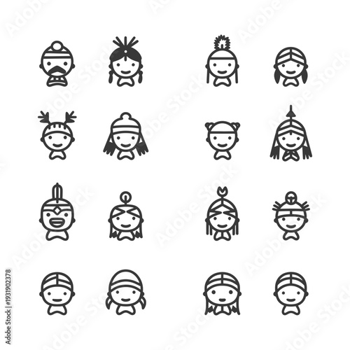 Set of 16 Diverse People in Traditional Headwear Icons