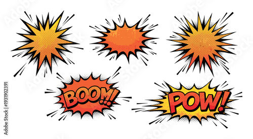 Collection of comic book style explosions and speech bubbles with Boom and Pow text in a retro pop art design with halftone dots and dynamic action lines for a graphic novel effect