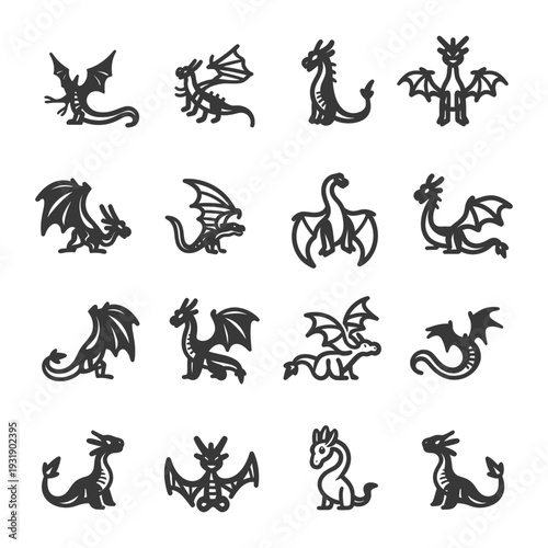 Set of 16 Dragon Icons with Different Poses