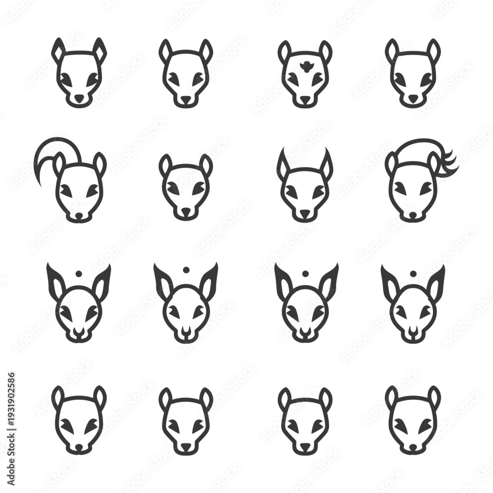 Fototapeta premium Set of 16 Line Art Squirrel Head Illustrations