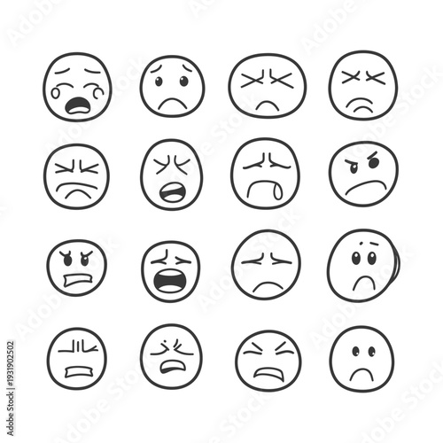 Set of 16 Hand Drawn Emojis with Negative Emotions