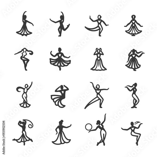 Set of 16 Hand-Drawn Female Dancer Icons