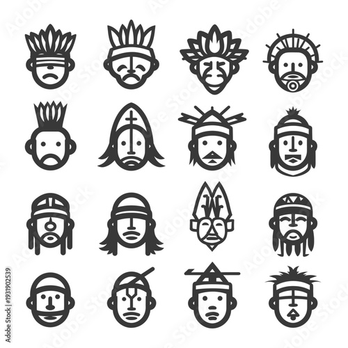 Set of 16 Indigenous Peoples Headwear and Facial Features Icons