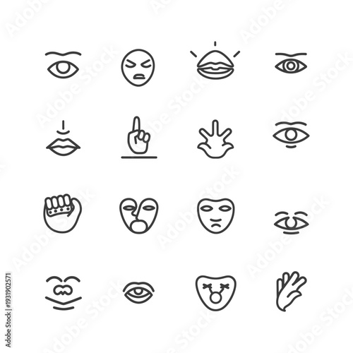 Set of 16 Linear Icons Depicting Facial Expressions, Gestures, and Emotions