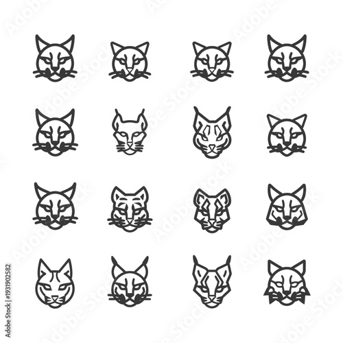 Set of 16 Line Art Cat Head Icons