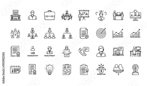 Enterprise and corporate management thin line vector icon set