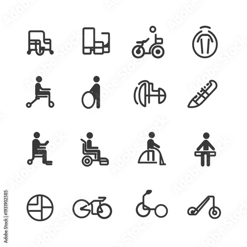 Set of 16 Line Icons Depicting Various Modes of Transportation