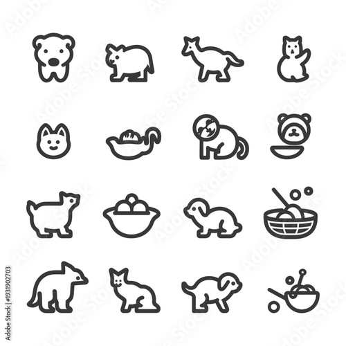 Set of 16 Line Icons of Cute Animals and Pet Accessories