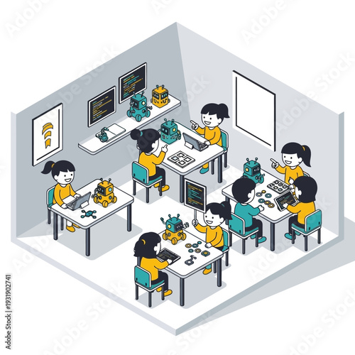 Children Engaged in Robotics Class Building and Programming Robots.