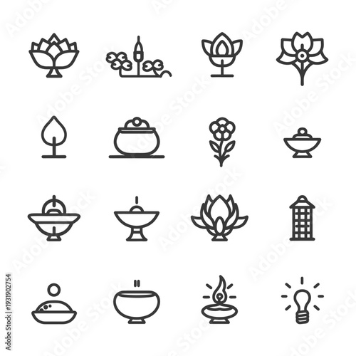 Set of 16 Line Icons Related to Buddhism and Meditation