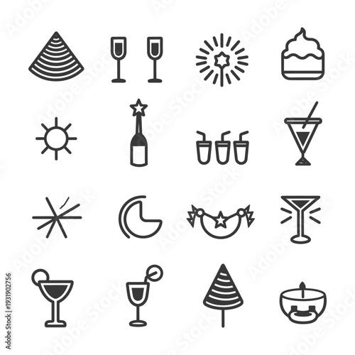 Set of 16 Line Icons for Party Celebration and Festive Events