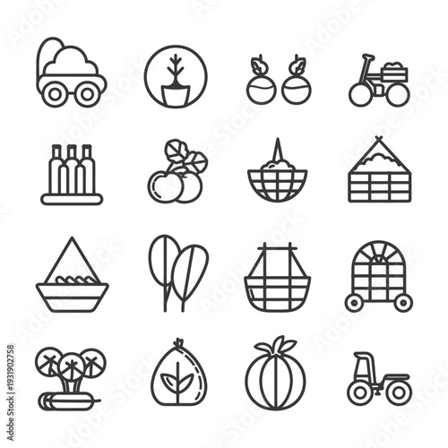 Set of 16 Line Icons Related to Gardening and Agriculture