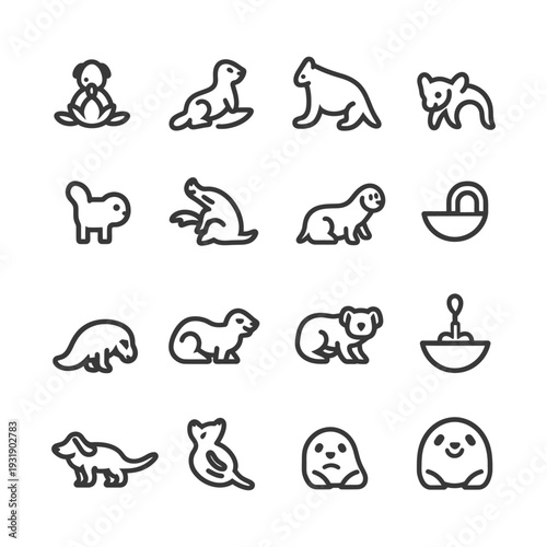 Set of 16 Line Icons Representing Different Animals