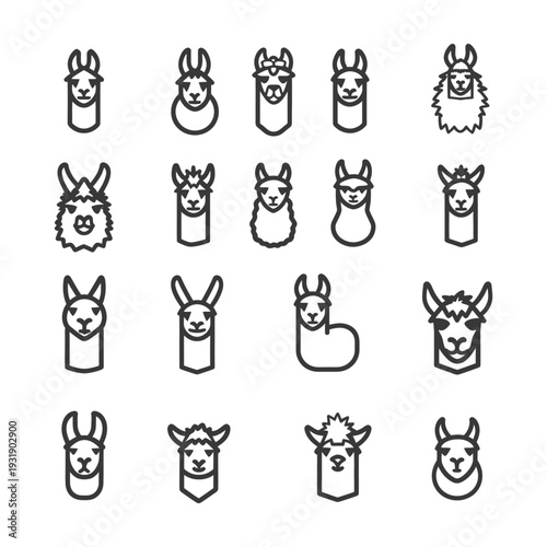 Set of 16 Outline Llamas with Different Facial Expressions and Features