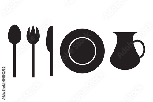Set of black and white cutlery icons with dinner plates forks knives and spoons in silhouette and outline style for restaurant menu and dining etiquette design. Eps 10.