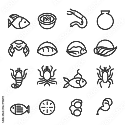 Set of 16 Seafood Line Icons