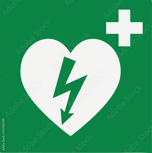 AED defibrillator heart lightning medical cross silhouettes illustration vector emergency health safety graphics, lifesaving design concept, black and white creative art collection