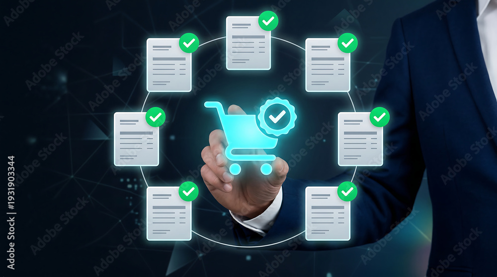 Obraz premium Ecommerce purchase approval with glowing shopping cart badge and verified documents representing procurement billing compliance order verification and secure transactions