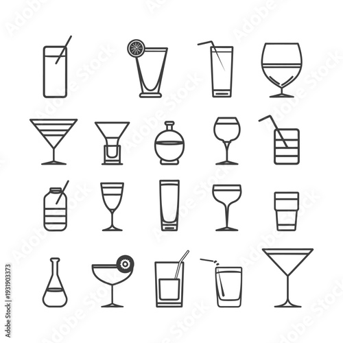 Set of 18 Line Icons of Different Glassware for Drinks